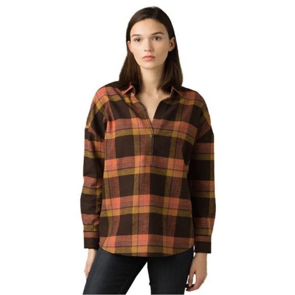 Prana Dante Flannel 2 Button Shirt in Brown and Orange organic cotton and hemp M